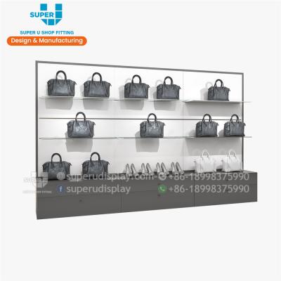 China Customized Design Tailor Made Mall Bag Showcase Boutique Wall Metal Shoes Handbag Rack Showroom Retail Store Wooden Fixtures Bag Shelf showcase for sale