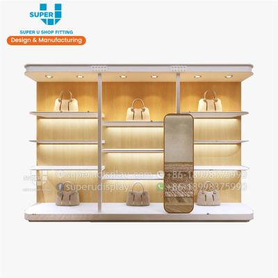 China Customized design bespoke boutique handbags stand up rack department bags display furniture retail store wooden display shelving for bags for sale