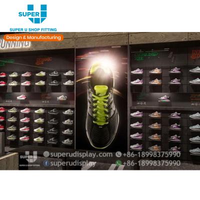 China Small MDF Sports Store Layouts Design Shoes Display Rack Free Standing Sport Shoes Display Wall Shelf for sale