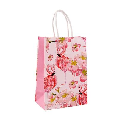 China Wholesale Recyclable Thicker Bag Packaging Kraft Paper Bag Tropical Plant Flamingo Party Printing Paper Bag for sale