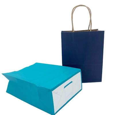 China Recyclable Square Full Color Recycled Kraft Paper Bag Bottom Blue Food Recyclable With Handle for sale