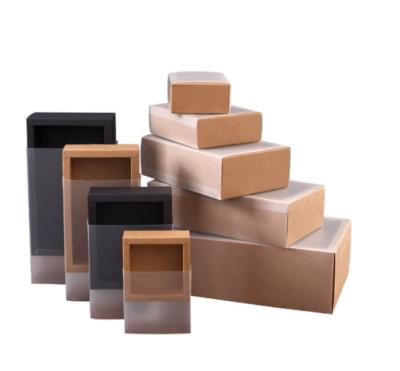 China Recycled Materials Kraft Paper Packing Box With PVC Transparent Window Drawer Display Gift Box Wedding Cookie Candy Black Delicate Cake Boxes for sale