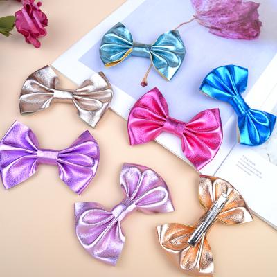 China Fashion 2022 European and American soft hot leather bow children's hairpins new candy gold fabric solid color soft hot hairpin for sale