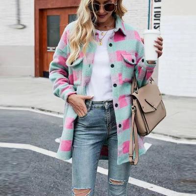 China Autumn And Winter New Style 2022 Viable Swept Coat Wool Straight Lapel Plaid Cardigan Long Sleeve Shirt For Women for sale