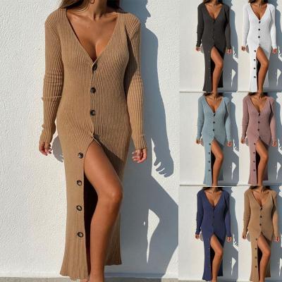 China 2022 Autumn And Winter Long Sleeve V Neck Breathable Slim Dresses 2022 Sexy Knitted Single Breasted Cardigan Women Casual Outfits for sale