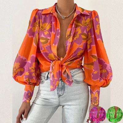 China Hot Sale Breathable Cardigan Loose Puff Sleeve Printed Blouse For Women Autumn Fashion Shirts Blouses And Tops Shirt 2022 for sale