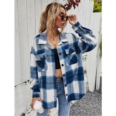 China Breathable Women Casual Plaid Fleece Blend Button Down Long Sleeve Shirt Flannel Jacket Jacket for sale