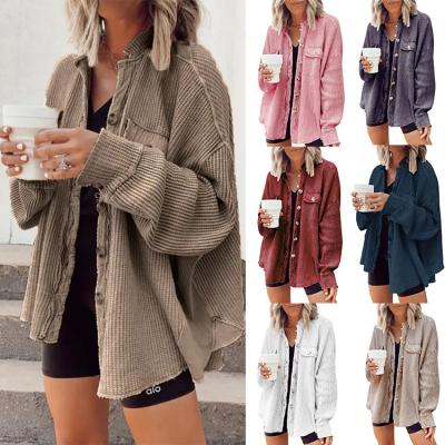 China 0EM QUICK DRY Women's Casual Long Sleeve Shirt Jacket Button Down Waffle Knit Solid Color Outerwear Shacket Women Sweater Jacket Coats for sale