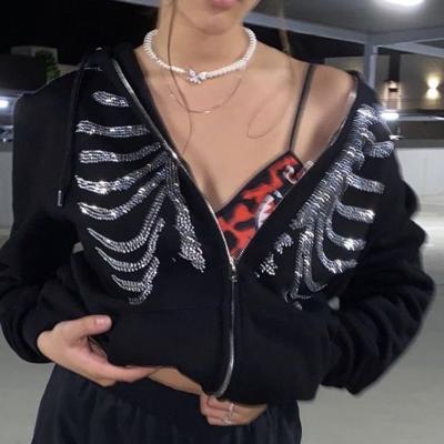 China Y2K Anti Shrink Rhinestone Skeleton Zip Up Gothic Grunge Winter Oversized Sweatshirts Hoodies Women Jackets Streetwear Women Crop Hoodie for sale