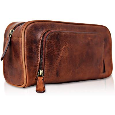 China QQgift NATIONAL OEM Custom Leather Toiletry Bag Big For Men And Women XL Cosmetic Bag Brown for sale