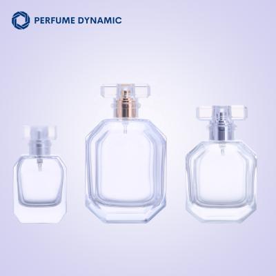 China 100ml 50ml 30ml Hexagon Cosmetic Perfume Bottles Refillable Custom Spray Cap Glass Perfume Acrylic Transparent Bottle for sale