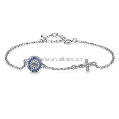 China 925 Sterling Silver Chain Bracelet Bangle, Evil Eye& Crystal Cross Charms Bracelet Women's Blue Rhinestone Jewelry for sale