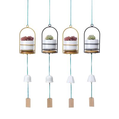 China Round Creative Wind Chime Bump-resistant Wishing To Mark Ceramic Flower Pot Hanging Iron Succulent Frame Pot Set for sale