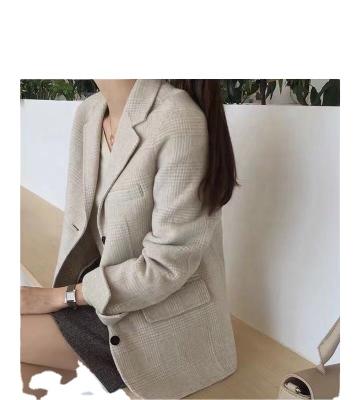 China 80% wool 20Nylon ONE SIZE beige double sided plaid woolen fabric for woman overcoat and suit coat for sale