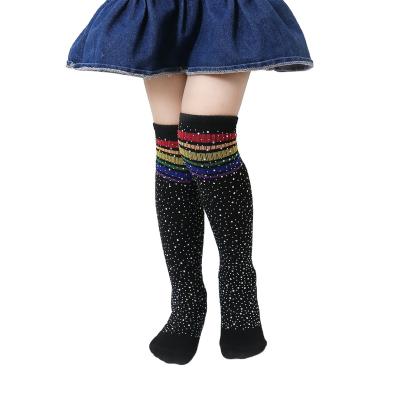 China FACE: 75%COTTON 25%POLYESTER FILLING: 100%POLYESTER 1-12 Years Kids Girls Stripes Bling Rhinestone Knee Socks Stockings Tops for sale