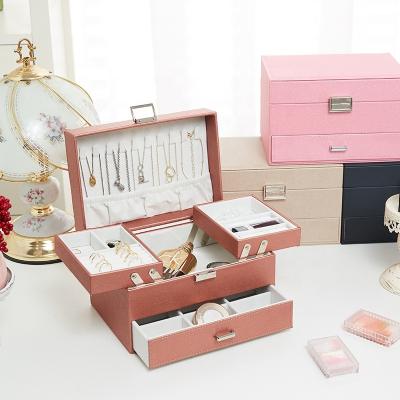 China Wholesale Durable PU Jewelery Boxes Velvet Jewelry Storage Organizer Ring Necklace Girls With Earring Lock Jewelry Box for sale