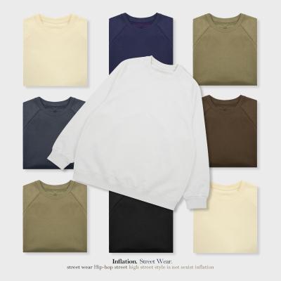 China Anti-Wrinkle Solid Color 330g Raglan Sleeve Round Neck Sweater Fashion Brand High Street Terry Bottom Loose Fit Men for sale