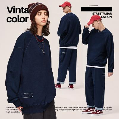 China Anti-wrinkle sweater blue dyed knitted men's jeans long sleeve T-shirt set new line yarn patch fishbone embroidery for sale