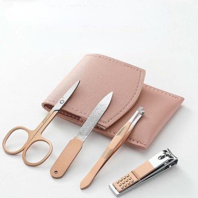 China Finger Nail+Foot Nail Toes+Eyebrow Rose Gold French Manicure Set Beauty Care Tools For Girls Travel Manicure Set With Pink PU Bag for sale