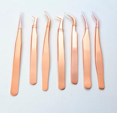 China Stainless Steel 90 Fake Rose Gold Eyelash Tweezers Professional Private Label Stainless Steel Curved Volume Clear Tweezers for sale