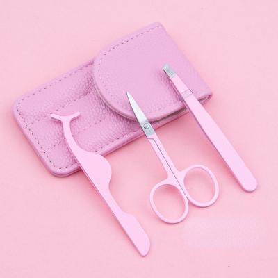 China Eyebrow Pink Eyebrow Tweezers Set Brow Curved Scissors With Travel Case Pink Eyelash Tweezers Set for sale