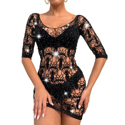 China Crystal Womens Sexy Underwear Long rhinestone netting girl sexy lingerie mature woman jumpsuit sheath bodystocking lingerie for sale