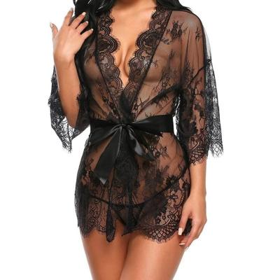 China Sexy Lingerie Mesh Nightgown Lingerie Sets Lace Underwear Kimono Long Robe Lace Mature Women Sexy Lingerie for sale