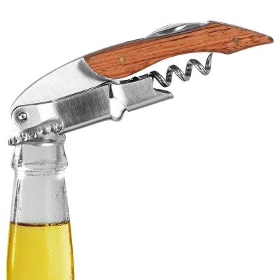 China Viable Wooden Handle Stainless Steel Wine Spring Wrench With Aluminum Cutter Multifunctional Wooden 3-In-1 Servers Twist for sale