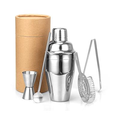 China Disposable Drink Mixer Set Branded Luxury Portable Cocktail Shaker Bartender Kit 5pc Stainless Silver Home Bar Wholesale for sale