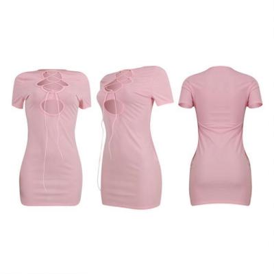 China SHIZAI Anti-Static New Arrival Short Sleeve Hollow Out Bandage Summer Women Solid Color Pink Women's Casual Short Mini Dress for sale