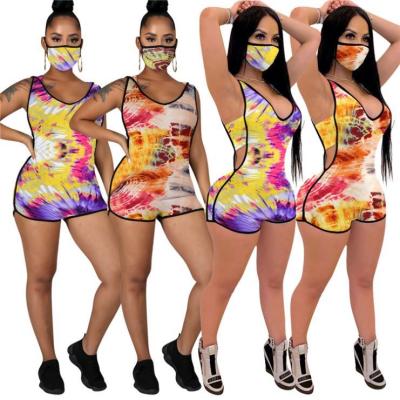 China SHIZAI Anti-Wrinkle Tie Dye Bodycon Jumpsuit 2021 Casual Women's Short Sleeveless Romper Short One Piece Jumpsuits & Rompers for sale