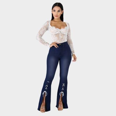 China Autumn Latest Design Woman Jeans 2021 Breathable Lace Tied Over Jean Trousers For Woman Fashion Pants Jeans for sale