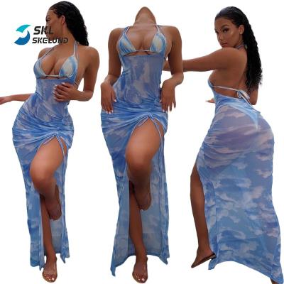 China New Designer Breathable Sexy Women Casual Tight Three Piece Bikini Dress Set With Mesh Cover Up Beach Vacation Clothing for sale