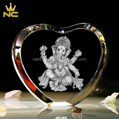 China China 3D Laser Engraving Heart Shaped Crystal Glass Ganesh Statues For Religious Gifts for sale