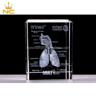 China China Supplier Crystal Laser Etched Respiratory System Rectangular 3d Laser Engraving Glass Block for sale