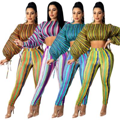 China 2021 Anti-wrinkle fashionable ladies print long stripe outfits sheath crop tops fall two piece set for women clothing for sale