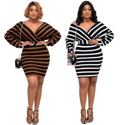 China 2021 Breathable Fashion Ladies Dress Long Plus Size 5XL Bodycon Stripe Print Autumn Women Casual Outfits for sale