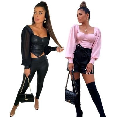 China Anti-pilling spring 2022 ready to ship T women blow off sexy PU Mesh Leather summer crop tops blouses long sleeve office shirts for sale