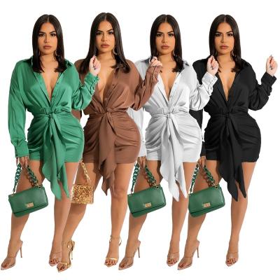 China Spring 2022 New Casual Anti-wrinkle Mini Bandage Solid Long Sleeve Turn Down Collar Shirt Dress For Ladies for sale