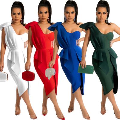 China New Arrivals Spring 2022 Anti-wrinkle Strapless Solid Split Shoulder Tube One Sleeveless Midi Elegant Dress For Ladies for sale