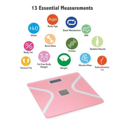 China Body Fat And Water Content Test 6mm Tempered Glass Wireless Smart Bathroom Scale Body Fat Analyzer With Solar Charger for sale