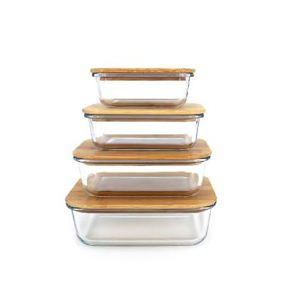 China Rectangular Glass Freshness Preservation Food Storage Containers With Eco-Friendly Bamboo Lids | 4 Bento Boxes for meal preparation for sale