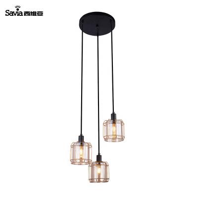 China Savia Iron Pendant Light Dining Room Metal Wire Birdcage LED E14 3 Ceiling Chandelier Modern Black Brown Rustic Industrial Head Lamp for sale