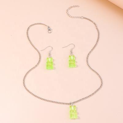 China Handmade Cute Resin Durable Hot Selling Bear Chain Gummy Necklace Set Candy Color Bear Earrings Pendant Jewelry Set for sale