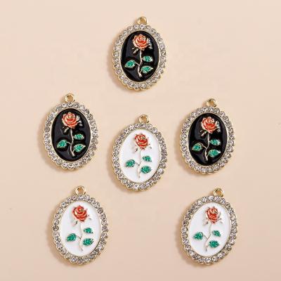 China 4pcs/bag 26*18mm Brand Design TRENDY Classic Custom Oval Crystal Enamel Rose Flower Pendants Necklace Earrings DIY Pendant for sale