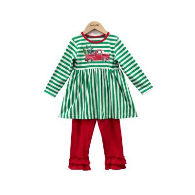 China 2021 Wholesale Washable Christmas Green Striped Knit Cotton Tractor Heat Transfer Printing Toddler Boutique Outfits Girl Dress Up Set for sale