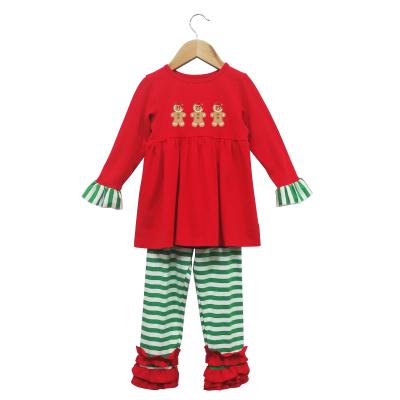 China Casual Christmas Ruffle Set Girls Applique Cotton Long Sleeve Shirt Pants Outfits Babies Christmas Clothing Set for sale