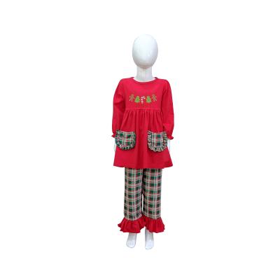 China Fashion\Baby Boy Comfortable\Durable Clothes 2021 New Design Boutique Embroidery Girls Christmas Outfit Ruffles Girls Christmas Clothing Set for sale