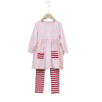 China Custom casual wholesale Valentine solid pink skirtand stripe pants girls dress sets long sleeves ruffle girls dress sets for sale