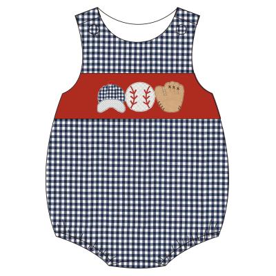 China Cozy Baby Clothes Boyis Baseball Applique Cotton Toddler Infant Plaid Bubble Baby Boy Cozy Romper for sale